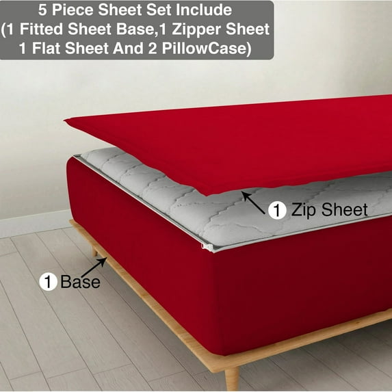 DNG Creations 5 Piece Zipper Sheet Set - Include (1 Elastic Fitted Sheet , 1 Base Sheet has Zipper, 1 Flat Sheet And 2 Pillowcase) 24 Inch Deep Pocket ( Solid Red - Twin XL )