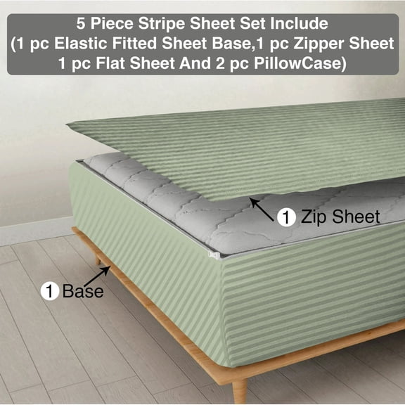 DNG Creations 5 Piece Zipper Sheet Set - Include (1 Elastic Fitted Sheet, 1 Base Sheet has Zipper, 1 Flat Sheet And 2 Pillowcase) 6 Inch Deep Pocket ( Stripe Light Sage - Queen )