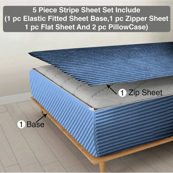 DNG Creations 5 Piece Zipper Sheet Set - Include (1 Elastic Fitted Sheet, 1 Base Sheet has Zipper, 1 Flat Sheet And 2 Pillowcase) 6 Inch Deep Pocket ( Stripe Medium-Blue - Olympic Queen )
