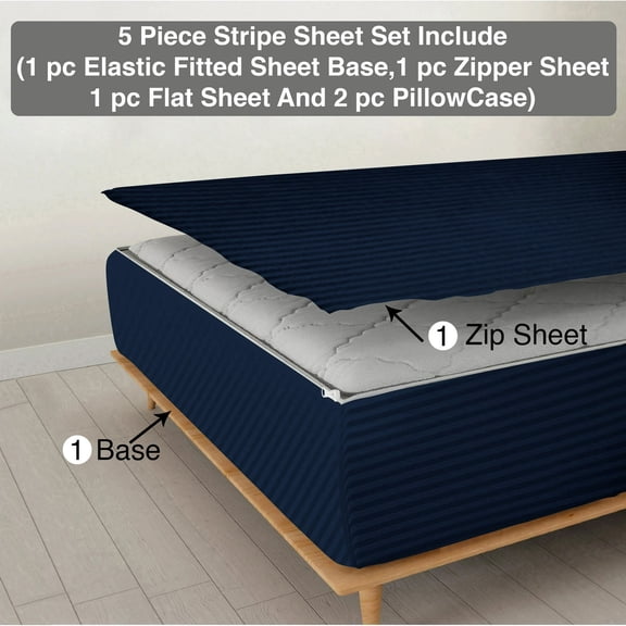 DNG Creations 5 Piece Zipper Sheet Set - Include (1 Elastic Fitted Sheet, 1 Base Sheet has Zipper, 1 Flat Sheet And 2 Pillowcase) 6 Inch Deep Pocket ( Stripe Navy-Blue - Twin )