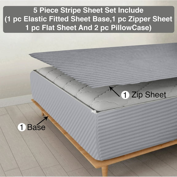 DNG Creations 5 Piece Zipper Sheet Set - Include (1 Elastic Fitted Sheet, 1 Base Sheet has Zipper, 1 Flat Sheet And 2 Pillowcase) 6 Inch Deep Pocket ( Stripe Silver - Twin )
