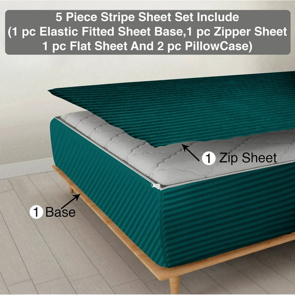 DNG Creations 5 Piece Zipper Sheet Set - Include (1 Elastic Fitted Sheet, 1 Base Sheet has Zipper, 1 Flat Sheet And 2 Pillowcase) 6 Inch Deep Pocket ( Stripe Teal - Full )