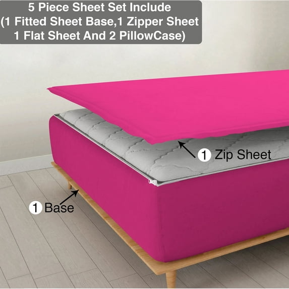 DNG Creations 5 Piece Zipper Sheet Set - Include (1 Elastic Fitted Sheet , 1 Base Sheet has Zipper, 1 Flat Sheet And 2 Pillowcase) 8 Inch Deep Pocket ( Solid Hot-Pink - Olympic Queen )