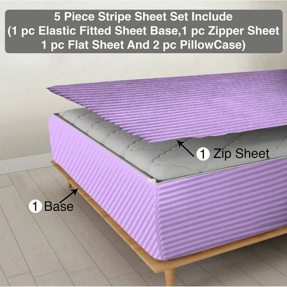 DNG Creations 5 Piece Zipper Sheet Set - Include (1 Elastic Fitted Sheet, 1 Base Sheet has Zipper, 1 Flat Sheet And 2 Pillowcase) 10 Inch Deep Pocket ( Stripe Lilac - Twin )
