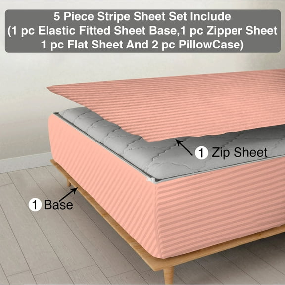 DNG Creations 5 Piece Zipper Sheet Set - Include (1 Elastic Fitted Sheet, 1 Base Sheet has Zipper, 1 Flat Sheet And 2 Pillowcase) 18 Inch Deep Pocket ( Stripe Peach - Twin XL )
