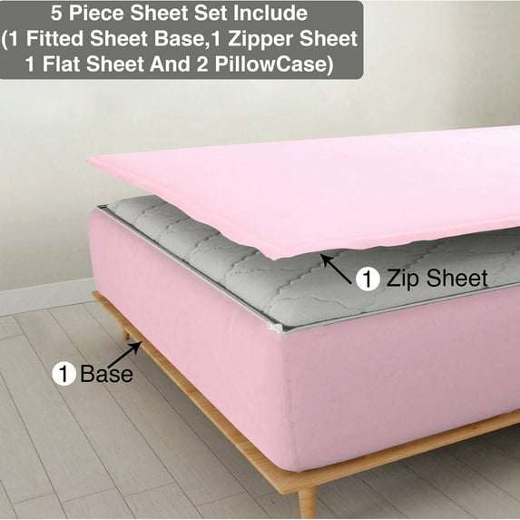 DNG Creations 5 Piece Zipper Sheet Set - Include (1 Elastic Fitted Sheet , 1 Base Sheet has Zipper, 1 Flat Sheet And 2 Pillowcase) 8 Inch Deep Pocket ( Solid Light-Pink - Olympic Queen )