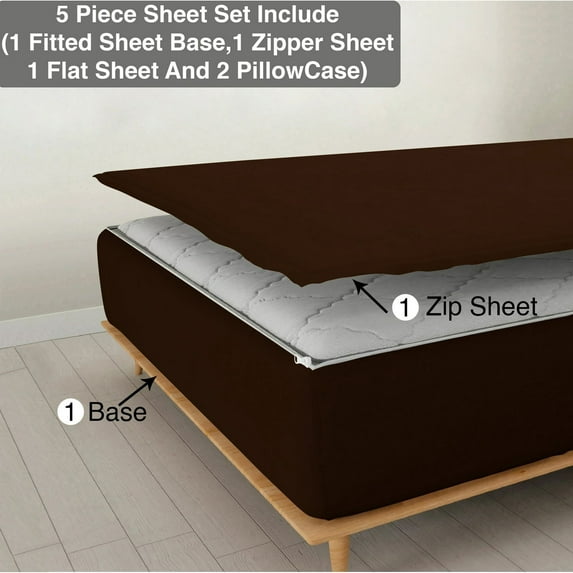 DNG Creations 5 Piece Zipper Sheet Set - Include (1 Elastic Fitted Sheet , 1 Base Sheet has Zipper, 1 Flat Sheet And 2 Pillowcase) 24 Inch Deep Pocket ( Solid Chocolate - King )