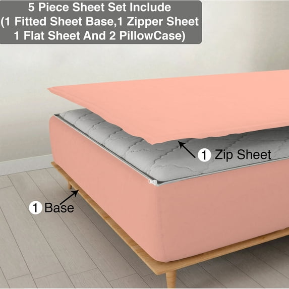 DNG Creations 5 Piece Zipper Sheet Set - Include (1 Elastic Fitted Sheet , 1 Base Sheet has Zipper, 1 Flat Sheet And 2 Pillowcase) 24 Inch Deep Pocket ( Solid Peach - Twin )