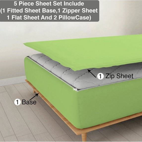 DNG Creations 5 Piece Zipper Sheet Set - Include (1 Elastic Fitted Sheet , 1 Base Sheet has Zipper, 1 Flat Sheet And 2 Pillowcase) 24 Inch Deep Pocket ( Solid Sage - Twin )