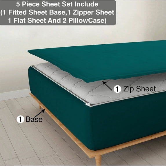 DNG Creations 5 Piece Zipper Sheet Set - Include (1 Elastic Fitted Sheet , 1 Base Sheet has Zipper, 1 Flat Sheet And 2 Pillowcase) 24 Inch Deep Pocket ( Solid Teal - Twin XL )