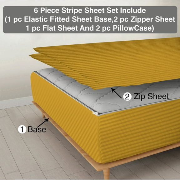 DNG Creations 6 Piece Zipper Sheet Set - Include (1 Elastic Fitted Sheet , 2 Base Sheet has Zipper, 1 Flat Sheet And 2 Pillowcase) 10 Inch Deep Pocket ( Stripe Gold - Twin )