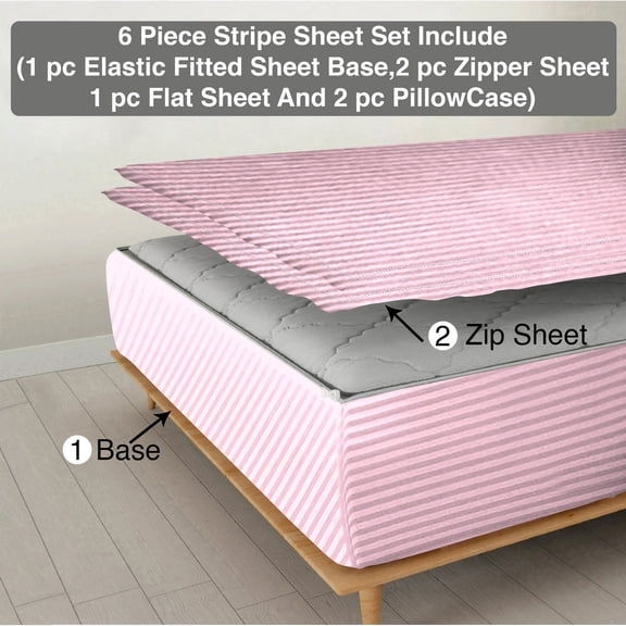 DNG Creations 6 Piece Zipper Sheet Set - Include (1 Elastic Fitted Sheet , 2 Base Sheet has Zipper, 1 Flat Sheet And 2 Pillowcase) 10 Inch Deep Pocket ( Stripe Light-Pink - Queen )