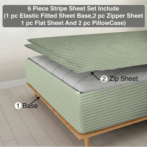 DNG Creations 6 Piece Zipper Sheet Set - Include (1 Elastic Fitted Sheet , 2 Base Sheet has Zipper, 1 Flat Sheet And 2 Pillowcase) 10 Inch Deep Pocket ( Stripe Light Sage - Full )