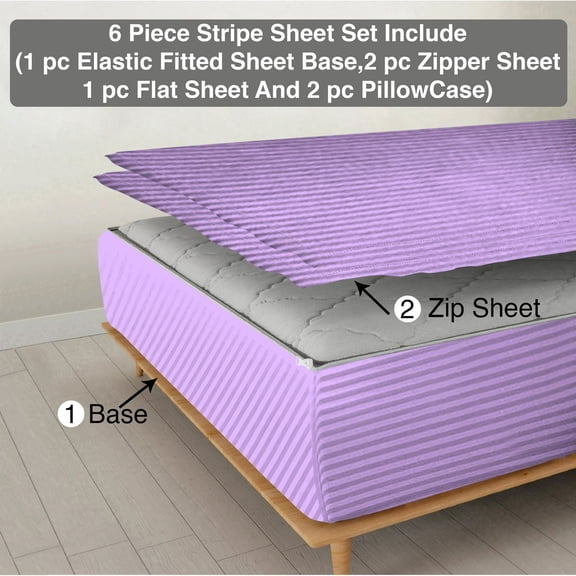 DNG Creations 6 Piece Zipper Sheet Set - Include (1 Elastic Fitted Sheet , 2 Base Sheet has Zipper, 1 Flat Sheet And 2 Pillowcase) 10 Inch Deep Pocket ( Stripe Lilac - Olympic Queen )