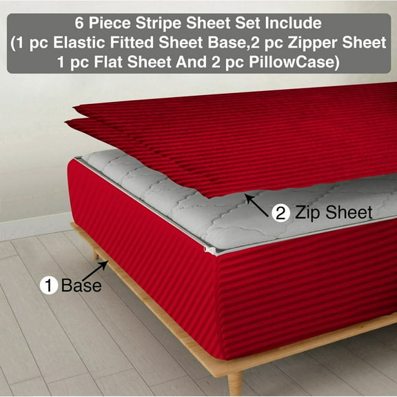 DNG Creations 6 Piece Zipper Sheet Set - Include (1 Elastic Fitted Sheet , 2 Base Sheet has Zipper, 1 Flat Sheet And 2 Pillowcase) 10 Inch Deep Pocket ( Stripe Red - Twin XL )