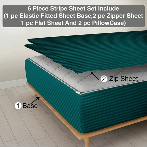 DNG Creations 6 Piece Zipper Sheet Set - Include (1 Elastic Fitted Sheet , 2 Base Sheet has Zipper, 1 Flat Sheet And 2 Pillowcase) 10 Inch Deep Pocket ( Stripe Teal - Twin )