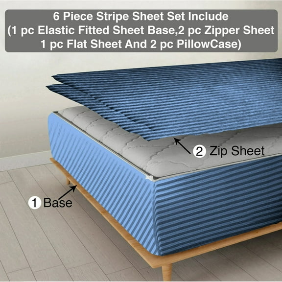 DNG Creations 6 Piece Zipper Sheet Set - Include (1 Elastic Fitted Sheet , 2 Base Sheet has Zipper, 1 Flat Sheet And 2 Pillowcase) 12 Inch Deep Pocket ( Stripe Medium-Blue - Olympic Queen )