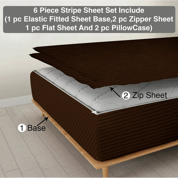 DNG Creations 6 Piece Zipper Sheet Set - Include (1 Elastic Fitted Sheet , 2 Base Sheet has Zipper, 1 Flat Sheet And 2 Pillowcase) 8 Inch Deep Pocket ( Stripe Chocolate - Olympic Queen )