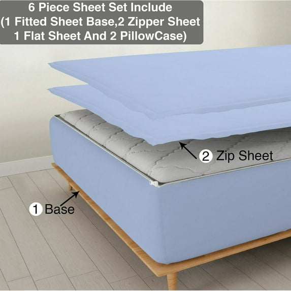 DNG Creations 6 Piece Zipper Sheet Set - Include (1 Fitted Sheet, 2 Base Sheet has Zipper, 1 Flat Sheet And 2 Pillowcase) 6 Inch Deep Pocket ( Solid Light-Blue - Full )