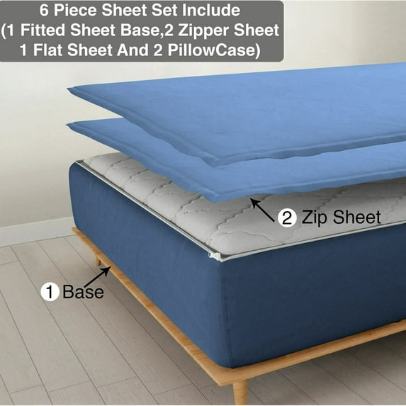 DNG Creations 6 Piece Zipper Sheet Set - Include (1 Fitted Sheet, 2 Base Sheet has Zipper, 1 Flat Sheet And 2 Pillowcase) 26 Inch Deep Pocket ( Solid Medium-Blue - Twin )