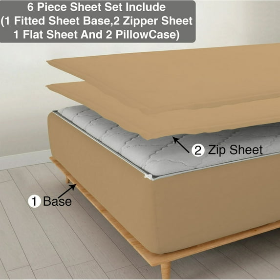DNG Creations 6 Piece Zipper Sheet Set - Include (1 Fitted Sheet, 2 Base Sheet has Zipper, 1 Flat Sheet And 2 Pillowcase) 26 Inch Deep Pocket ( Solid Taupe - Twin XL )