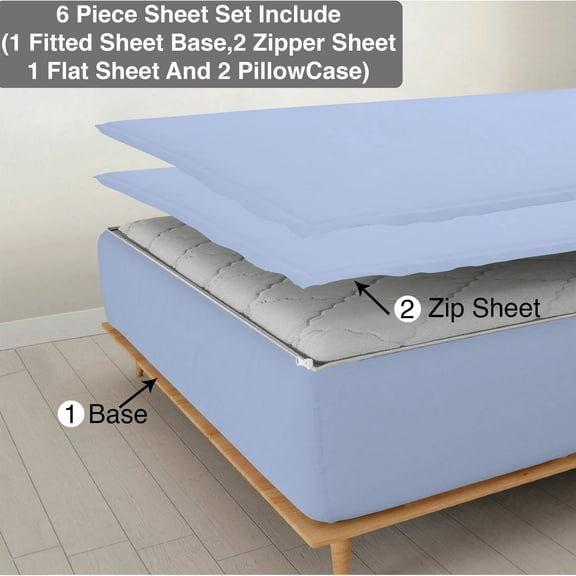 DNG Creations 6 Piece Zipper Sheet Set - Include (1 Fitted Sheet, 2 Base Sheet has Zipper, 1 Flat Sheet And 2 Pillowcase) 10 Inch Deep Pocket ( Solid Light-Blue - California King )
