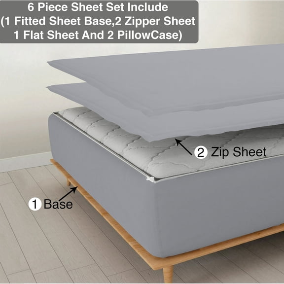 DNG Creations 6 Piece Zipper Sheet Set - Include (1 Fitted Sheet, 2 Base Sheet has Zipper, 1 Flat Sheet And 2 Pillowcase) 12 Inch Deep Pocket ( Solid Silver - Queen )