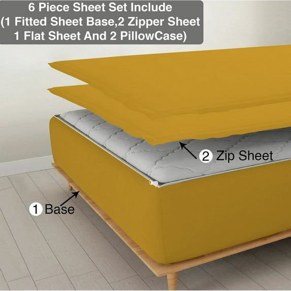DNG Creations 6 Piece Zipper Sheet Set - Include (1 Fitted Sheet Base, 2 Base Sheet has Zipper, 1 Flat Sheet And 2 Pillowcase) 10 Inch Deep Pocket ( Solid Gold / California King )