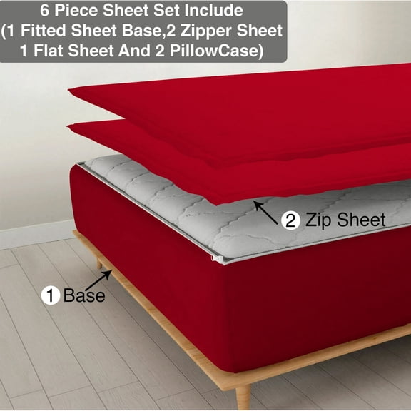 DNG Creations 6 Piece Zipper Sheet Set - Include (1 Fitted Sheet Base, 2 Base Sheet has Zipper, 1 Flat Sheet And 2 Pillowcase) 10 Inch Deep Pocket ( Solid Red / Full )