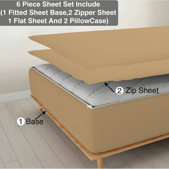 DNG Creations 6 Piece Zipper Sheet Set - Include (1 Fitted Sheet Base, 2 Base Sheet has Zipper, 1 Flat Sheet And 2 Pillowcase) 10 Inch Deep Pocket ( Solid Taupe / California King )