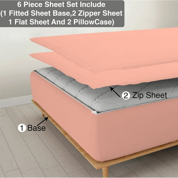 DNG Creations 6 Piece Zipper Sheet Set - Include (1 Fitted Sheet Base, 2 Base Sheet has Zipper, 1 Flat Sheet And 2 Pillowcase) 12 Inch Deep Pocket ( Solid Peach / Olympic Queen )