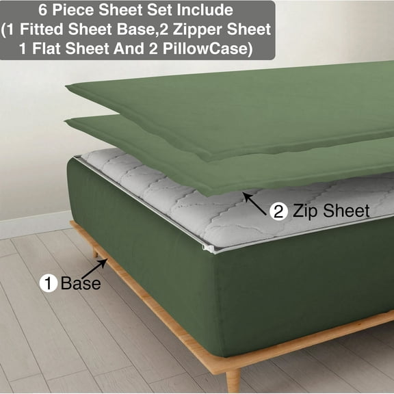DNG Creations 6 Piece Zipper Sheet Set - Include (1 Fitted Sheet Base, 2 Base Sheet has Zipper, 1 Flat Sheet And 2 Pillowcase)18 Inch Deep Pocket ( Solid Moss /Twin )