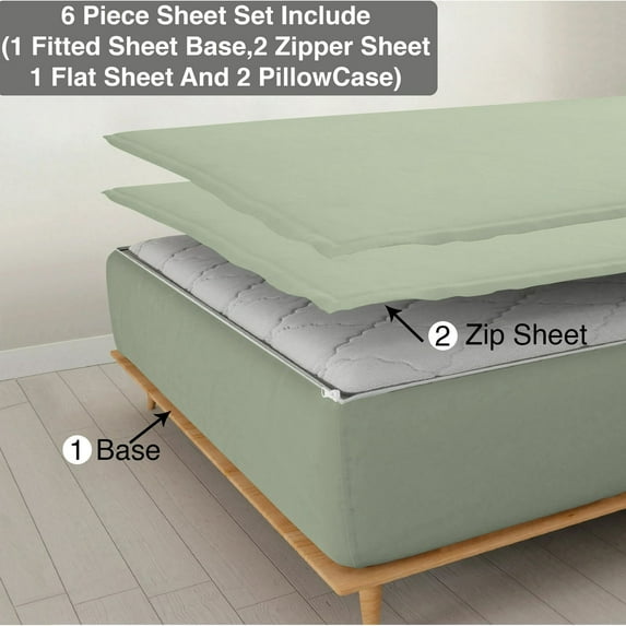 DNG Creations 6 Piece Zipper Sheet Set - Include (1 Fitted Sheet Base, 2 Base Sheet has Zipper, 1 Flat Sheet And 2 Pillowcase) 12 Inch Deep Pocket ( Solid Light Sage / Twin XL )