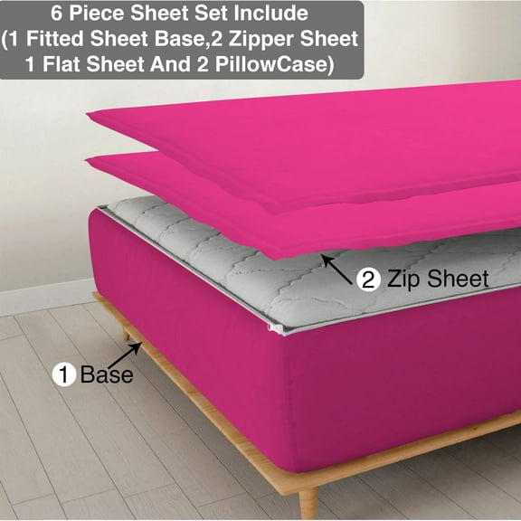 DNG Creations Solid Hot-Pink Colour 6 Piece Zipper Sheet Set - Include (1 Fitted Sheet Base, 2 Sheet has Zipper, 1 Flat Sheet And 2 Pillowcase) 800 Threads Count ( Twin - Size )