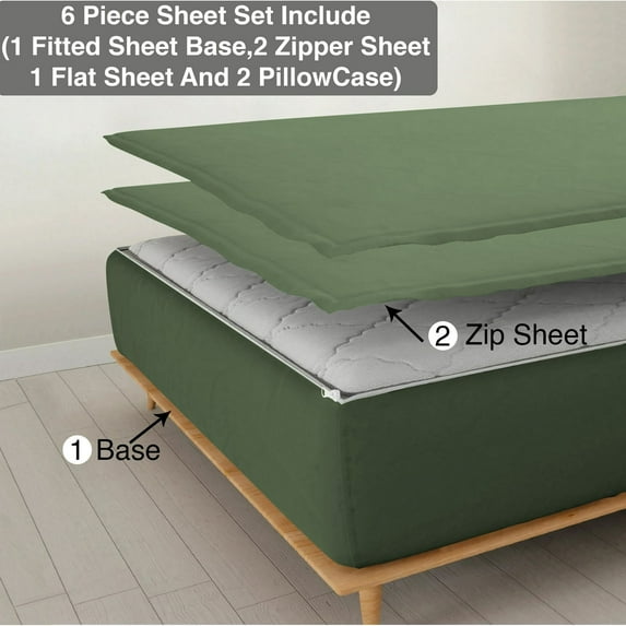 DNG Creations Solid Moss Colour 6 Piece Zipper Sheet Set - Include (1 Fitted Sheet Base, 2 Sheet has Zipper, 1 Flat Sheet And 2 Pillowcase) 800 Threads Count ( California King - Size )