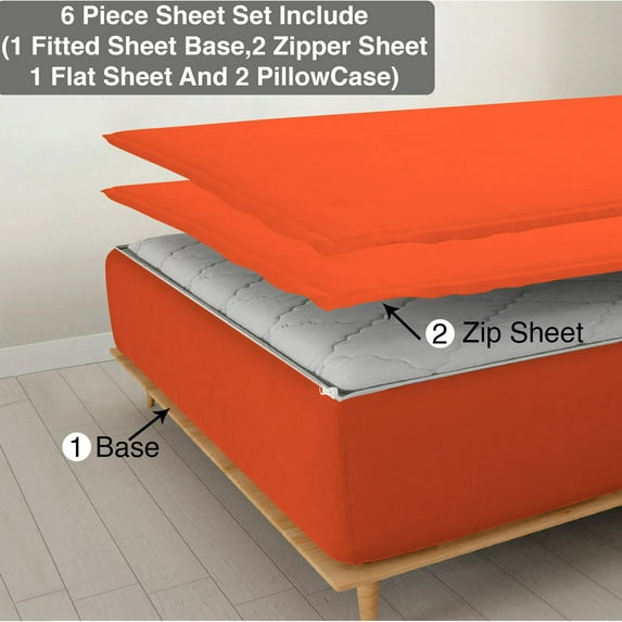 DNG Creations Solid Orange Colour 6 Piece Zipper Sheet Set - Include (1 Fitted Sheet Base, 2 Sheet has Zipper, 1 Flat Sheet And 2 Pillowcase) 800 Threads Count ( Twin XL - Size )
