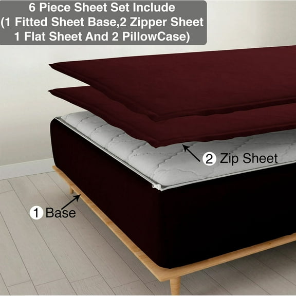DNG Creations Solid Wine Colour 6 Piece Zipper Sheet Set - Include (1 Fitted Sheet Base, 2 Sheet has Zipper, 1 Flat Sheet And 2 Pillowcase) 800 Threads Count ( Olympic Queen - Size )