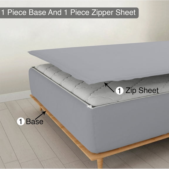DNG Creations Zipper Fitted Sheet - Includes ( 1 Elastic Fitted Sheet And 1 Base Zipper On Sheet )100% Egyptian Cotton 8 Inch Deep Pocket ( Solid Silver - King )