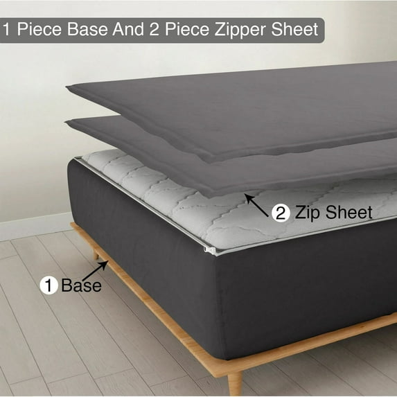 DNG Creations Zipper Fitted Sheet ( Includes - 1 Elastic Fitted Sheet & 2 Base Sheet has Zipper ) 100% Egyptian Cotton 12 Inch Deep Pocket (Solid Dark Grey - King )