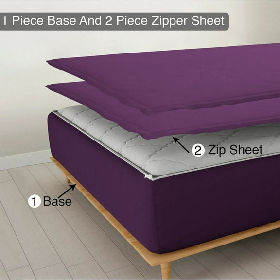 DNG Creations Zipper Fitted Sheet ( Includes - 1 Elastic Fitted Sheet & 2 Base Sheet has Zipper ) 100% Egyptian Cotton 12 Inch Deep Pocket (Solid Plum - Twin )