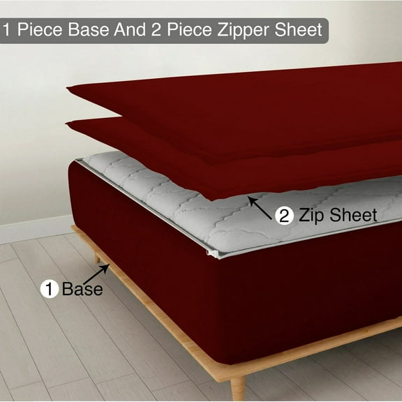 DNG Creations Zipper Fitted Sheet ( Includes - 1 Elastic Fitted Sheet & 2 Base Sheet has Zipper ) 100% Egyptian Cotton 8 Inch Deep Pocket (Solid Burgundy - Twin )