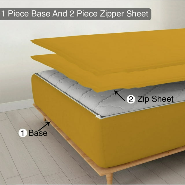 DNG Creations Zipper Fitted Sheet ( Includes - 1 Elastic Fitted Sheet & 2 Base Sheet has Zipper ) 100% Egyptian Cotton 12 Inch Deep Pocket (Solid Gold - Twin XL )