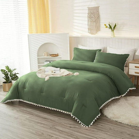 DNG Luxury 1 Piece Pom Pom Plain Pattern Comforter Set, 800 Thread Count, 100% Egyptian Cotton, White Vintage Pom-Pom Fringe Super Soft (King/California King Size Moss Color)