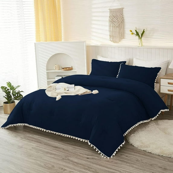 DNG Luxury 1 Piece Pom Pom Plain Pattern Comforter Set, 800 Thread Count, 100% Egyptian Cotton, White Vintage Pom-Pom Fringe Super Soft (King/California King Size Navy Color)