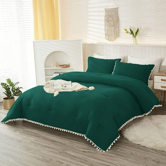 DNG Luxury 1 Piece Pom Pom Plain Pattern Comforter Set, 800 Thread Count, 100% Egyptian Cotton, White Vintage Pom-Pom Fringe Super Soft (Super King Size Teal Green Color)