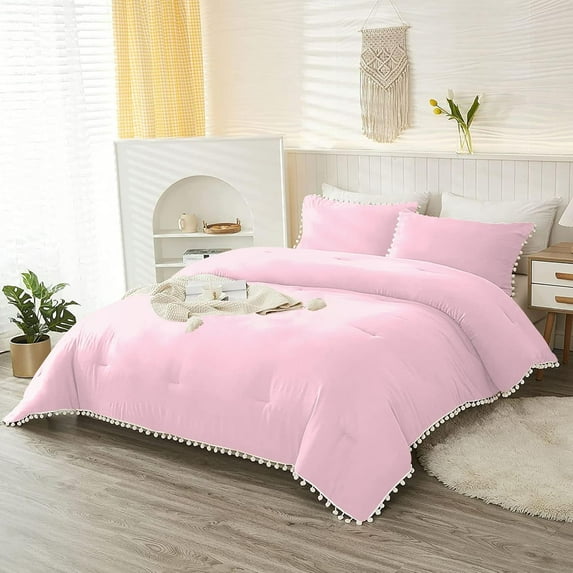 DNG Luxury 3 Piece Pom Pom Plain Pattern Comforter Set, 800 Thread Count, 100% Egyptian Cotton, White Vintage Pom-Pom Fringe Super Soft (King/California King Size Light Pink Color)