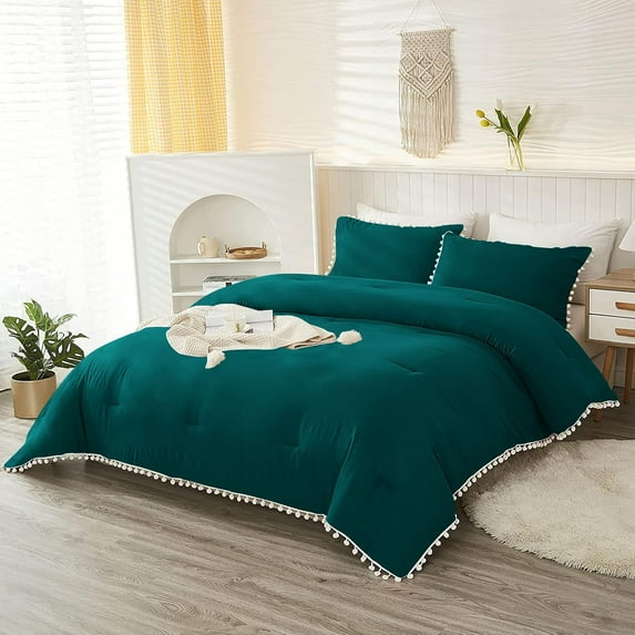DNG Luxury 3 Piece Pom Pom Plain Pattern Comforter Set, 800 Thread Count, 100% Egyptian Cotton, White Vintage Pom-Pom Fringe Super Soft (Oversized Super King Size Teal Color)