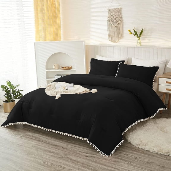 DNG Luxury 3 Piece Pom Pom Plain Pattern Comforter Set, 800 Thread Count, 100% Egyptian Cotton, White Vintage Pom-Pom Fringe Super Soft (Oversized Super King Size Black Color)