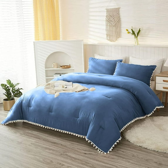 DNG Luxury 3 Piece Pom Pom Plain Pattern Comforter Set, 800 Thread Count, 100% Egyptian Cotton, White Vintage Pom-Pom Fringe Super Soft (Oversized Super King Size Medium Blue Color)