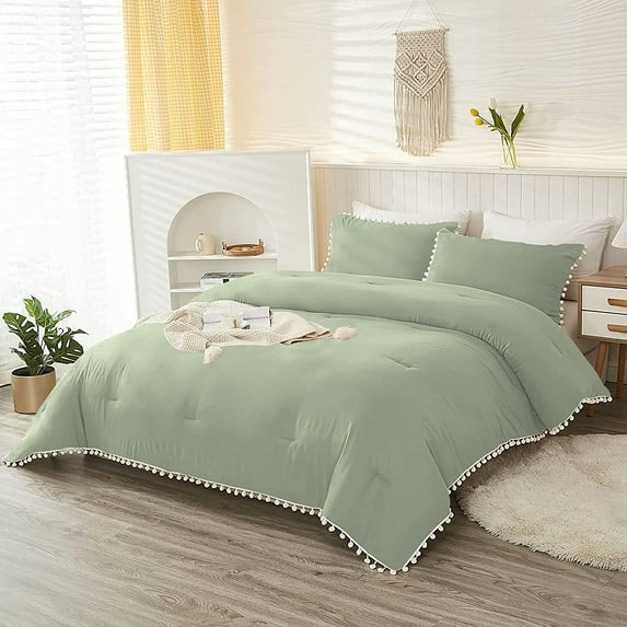 DNG Luxury 5 Piece Pom Pom Plain Pattern Comforter Set, 800 Thread Count, 100% Egyptian Cotton, White Vintage Pom-Pom Fringe Super Soft (Super King Size Light Sage Color)